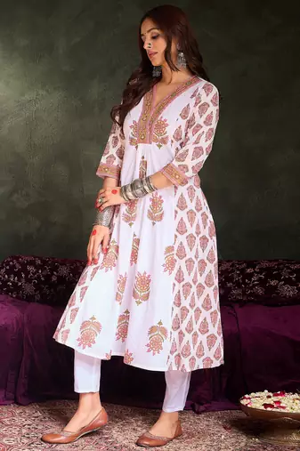 White printed pure cotton kurta trouser set