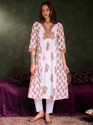 White printed pure cotton kurta trouser set 4