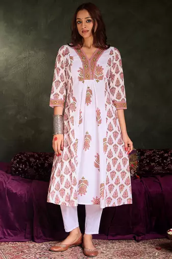 White printed pure cotton kurta trouser set