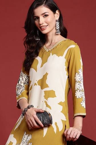 Mustard printed viscose rayon kurta trouser set