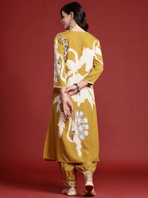 Mustard printed viscose rayon kurta trouser set 2
