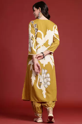 Mustard printed viscose rayon kurta trouser set