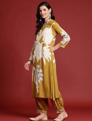 Mustard printed viscose rayon kurta trouser set 3