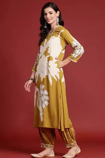 Mustard printed viscose rayon kurta trouser set