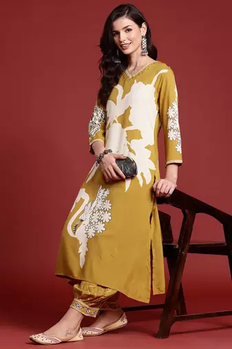 Mustard printed viscose rayon kurta trouser set
