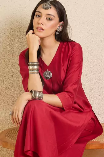 Maroon printed liva kurta trouser set