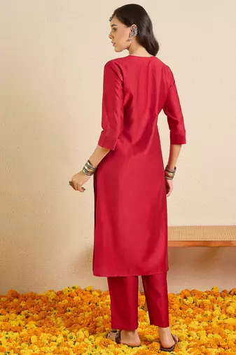 Maroon printed liva kurta trouser set