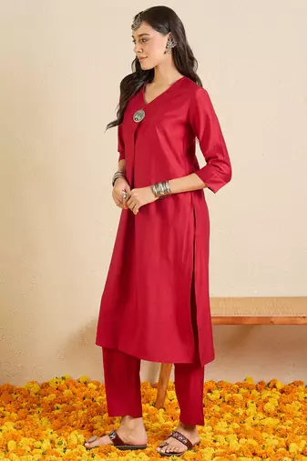 Maroon printed liva kurta trouser set