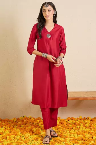 Maroon printed liva kurta trouser set
