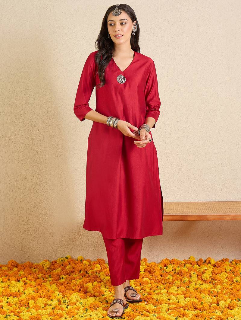 Maroon printed liva kurta trouser set