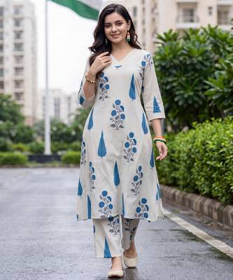 White printed pure cotton kurta trouser set 1