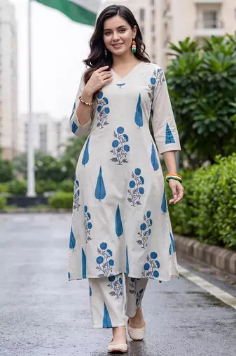 White printed pure cotton kurta trouser set