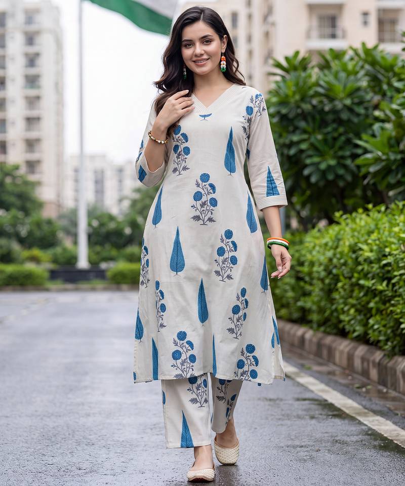 White printed pure cotton kurta trouser set