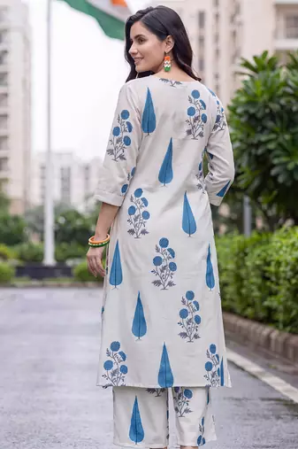White printed pure cotton kurta trouser set