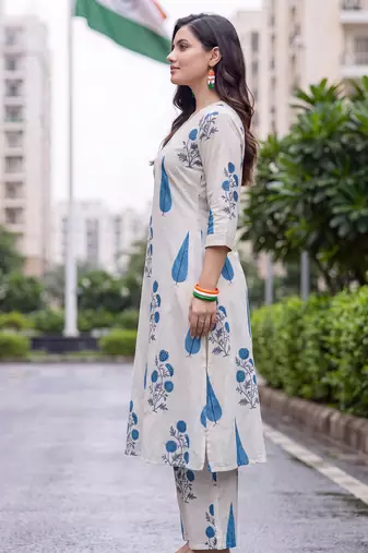 White printed pure cotton kurta trouser set