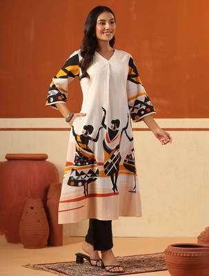Off white printed pure cotton kurta trouser set 1