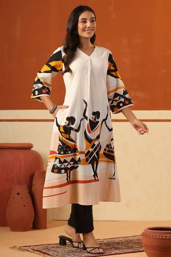 Off white printed pure cotton kurta trouser set