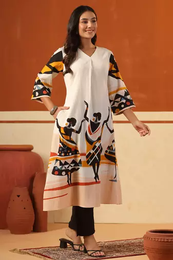 Off white printed pure cotton kurta trouser set