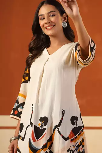 Off white printed pure cotton kurta trouser set
