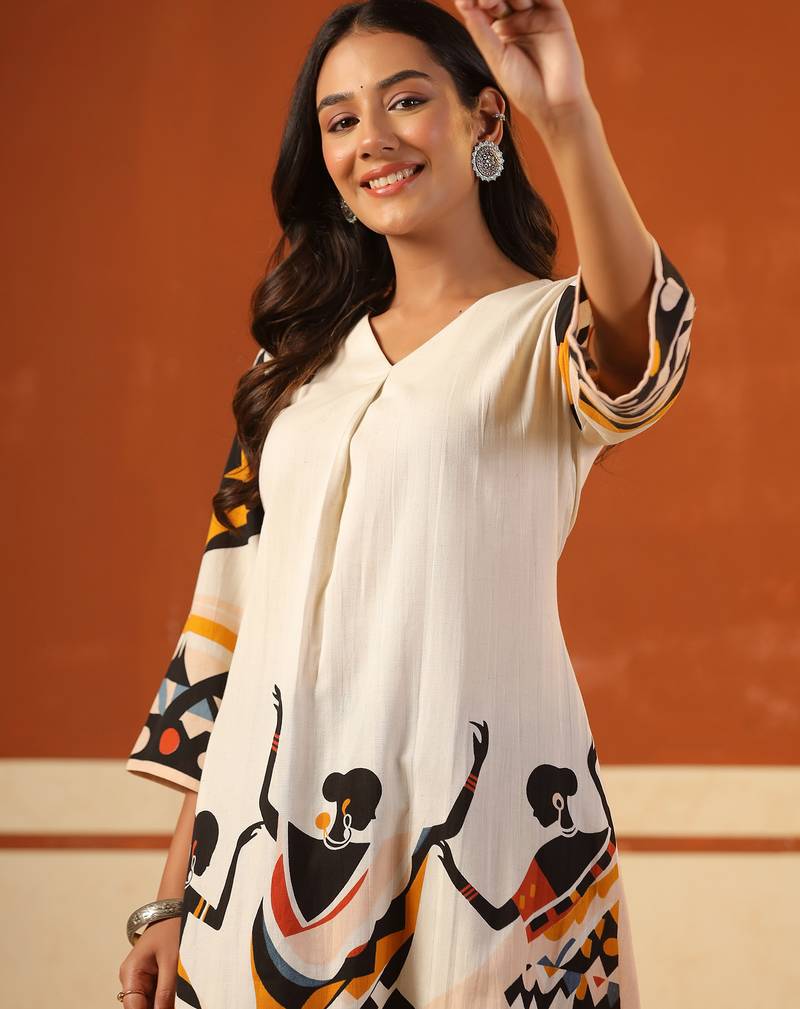 Off white printed pure cotton kurta trouser set