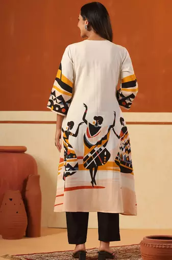 Off white printed pure cotton kurta trouser set