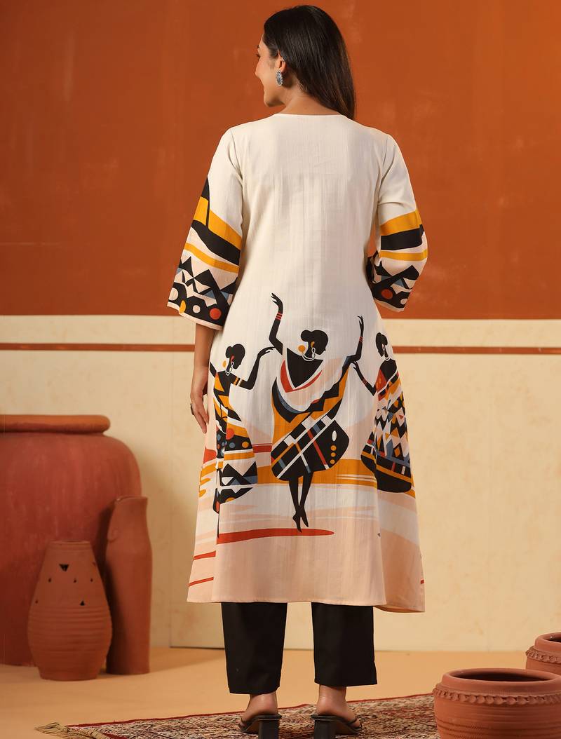 Off white printed pure cotton kurta trouser set