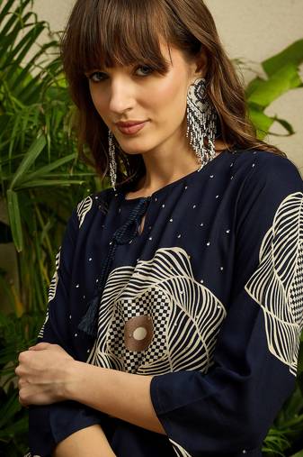 Navy blue printed viscose rayon kurta trouser set