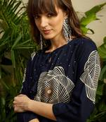 Navy blue printed viscose rayon kurta trouser set