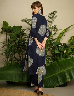 Navy blue printed viscose rayon kurta trouser set 2