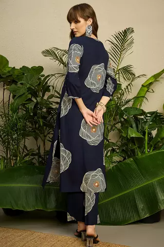Navy blue printed viscose rayon kurta trouser set