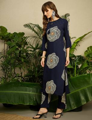 Navy blue printed viscose rayon kurta trouser set 3