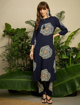 Navy blue printed viscose rayon kurta trouser set 4