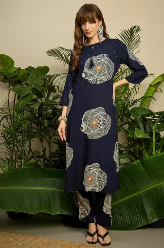 Navy blue printed viscose rayon kurta trouser set
