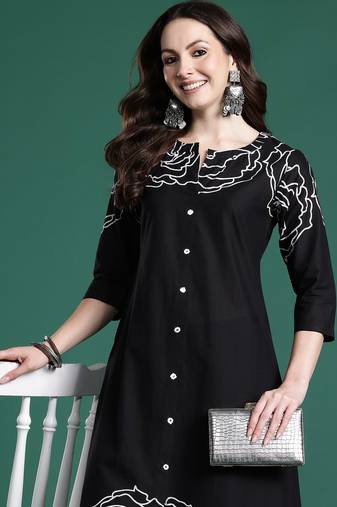 Black printed pure cotton kurta trouser set