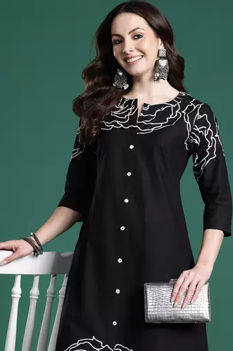Black printed pure cotton kurta trouser set