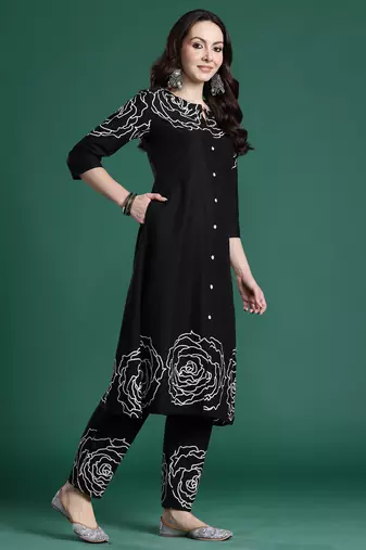 Black printed pure cotton kurta trouser set