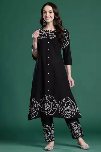 Black printed pure cotton kurta trouser set