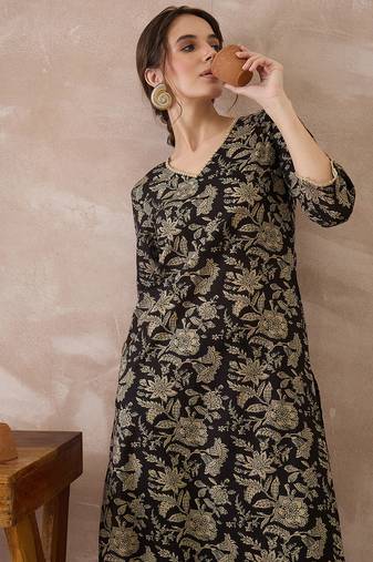 Black printed pure cotton kurta trouser set