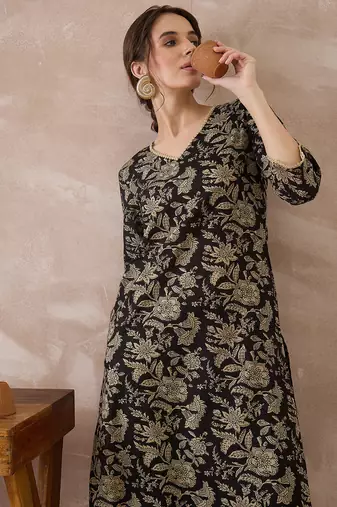 Black printed pure cotton kurta trouser set