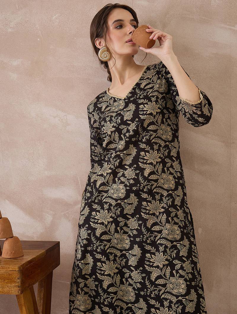 Black printed pure cotton kurta trouser set