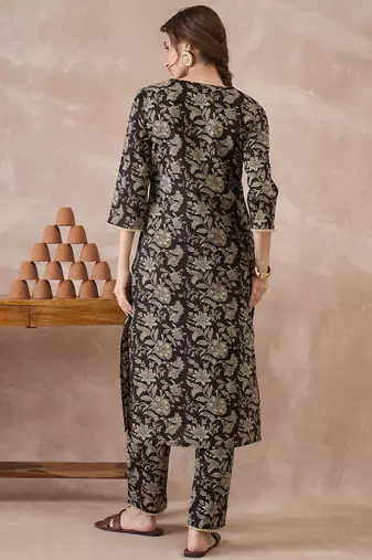 Black printed pure cotton kurta trouser set
