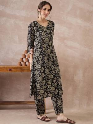 Black printed pure cotton kurta trouser set 3