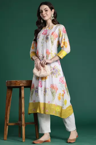 Multicolor printed pure cotton kurta trouser set