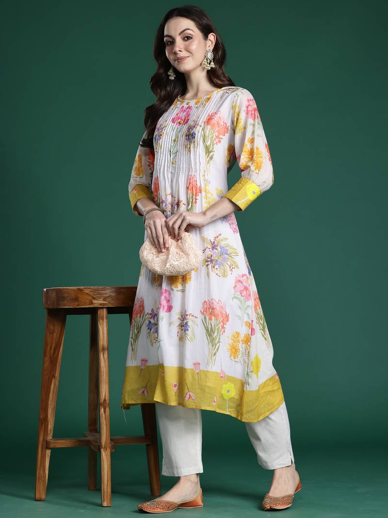 Multicolor printed pure cotton kurta trouser set