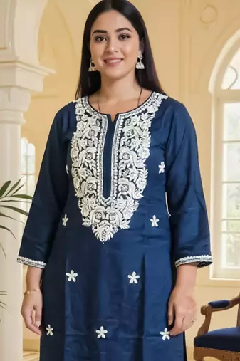 Teal embroidered viscose rayon kurta trouser set