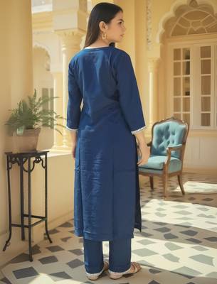 Teal embroidered viscose rayon kurta trouser set 3