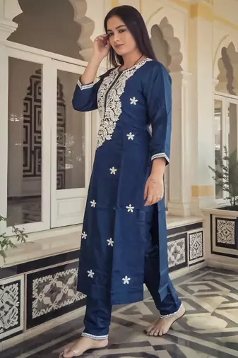 Teal embroidered viscose rayon kurta trouser set
