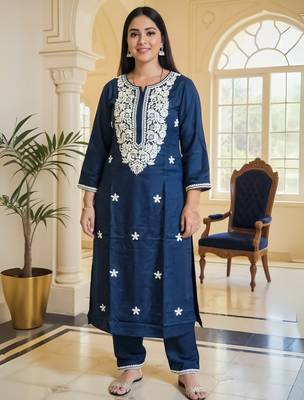 Teal embroidered viscose rayon kurta trouser set 1