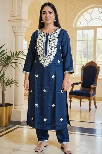 Teal embroidered viscose rayon kurta trouser set
