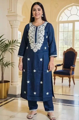 Teal embroidered viscose rayon kurta trouser set